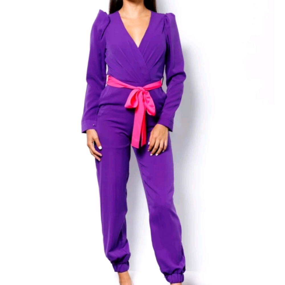 Purple Puff Sleeve Front Tie Jumpsuit